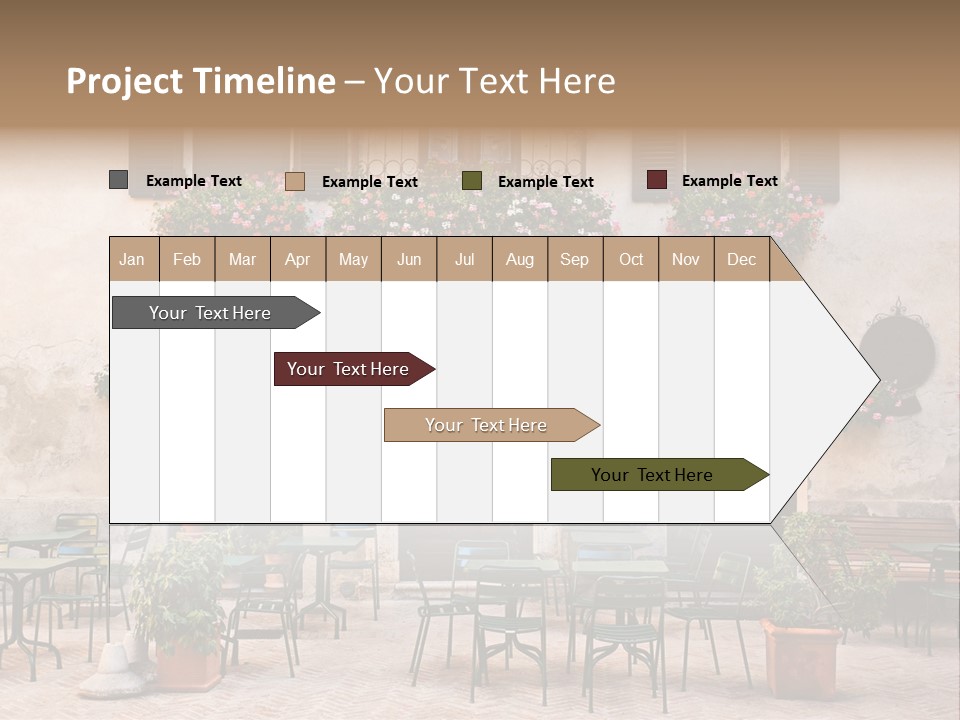 A Building With Tables And Chairs Outside Of It PowerPoint Template