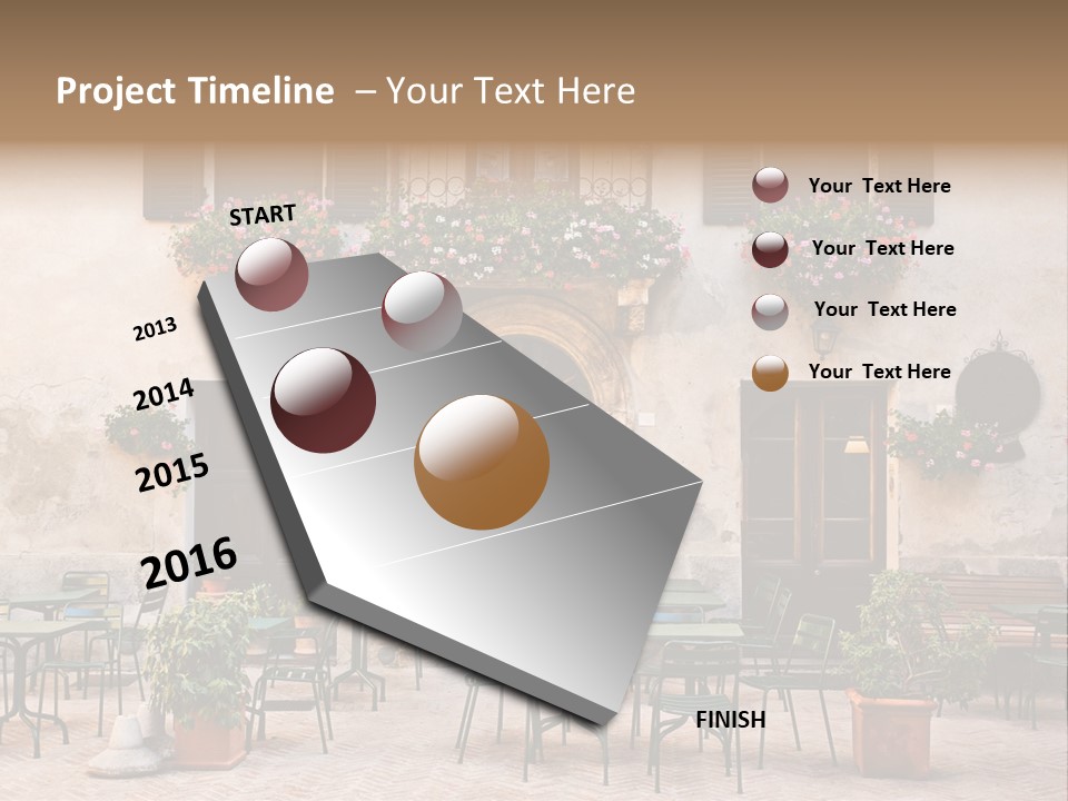 A Building With Tables And Chairs Outside Of It PowerPoint Template