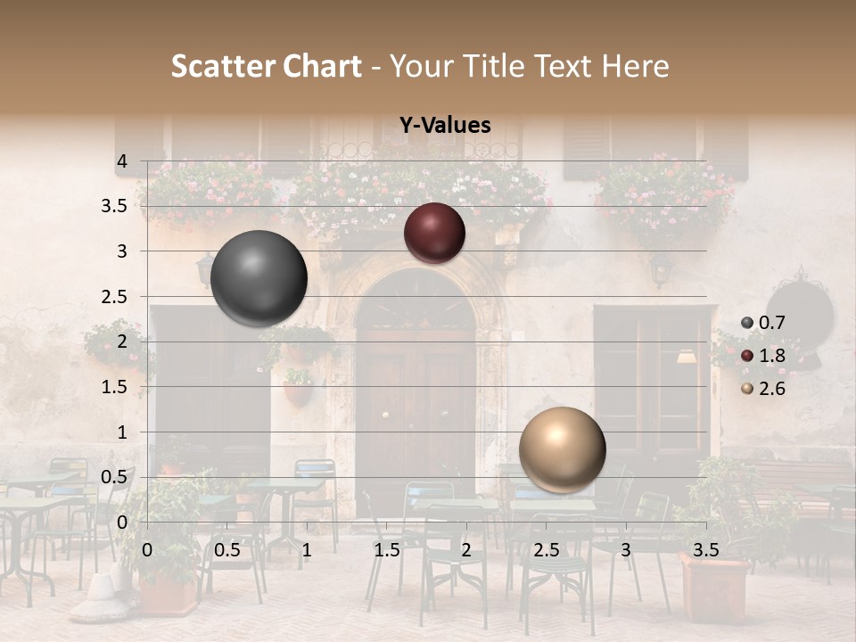 A Building With Tables And Chairs Outside Of It PowerPoint Template