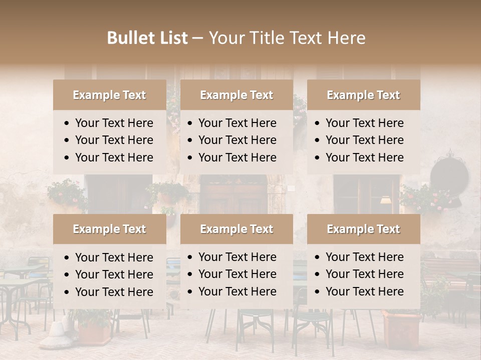 A Building With Tables And Chairs Outside Of It PowerPoint Template