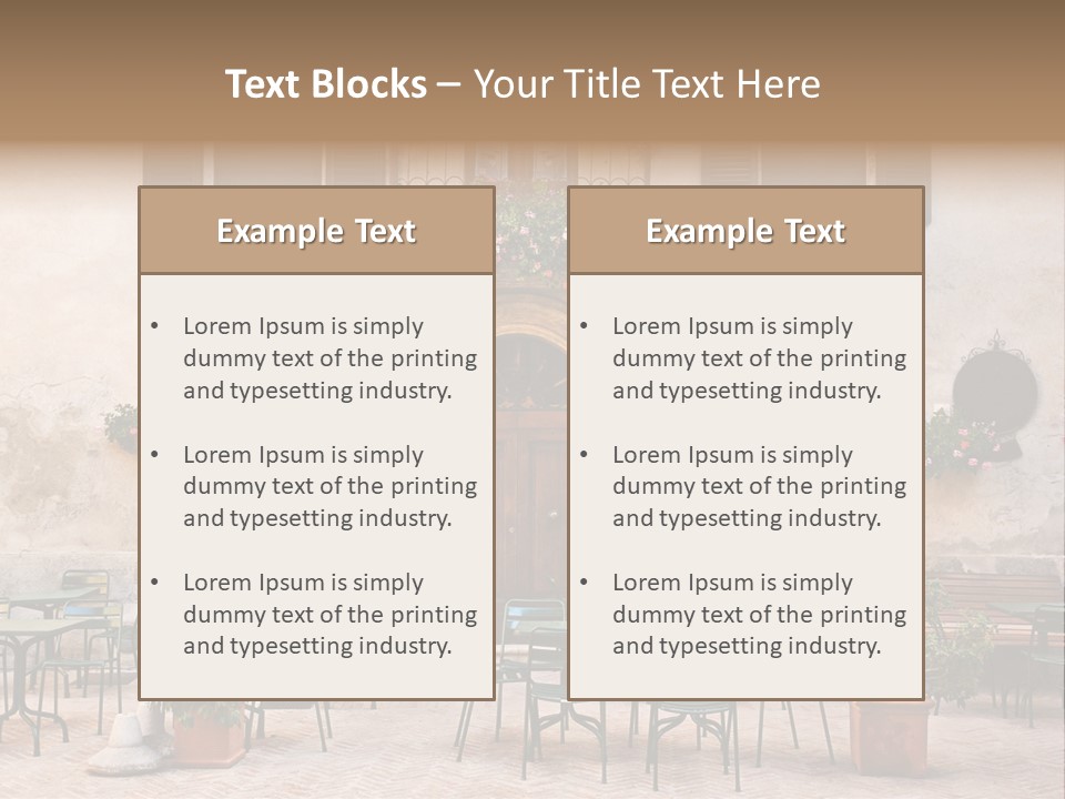 A Building With Tables And Chairs Outside Of It PowerPoint Template