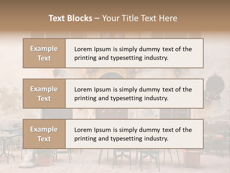 A Building With Tables And Chairs Outside Of It PowerPoint Template