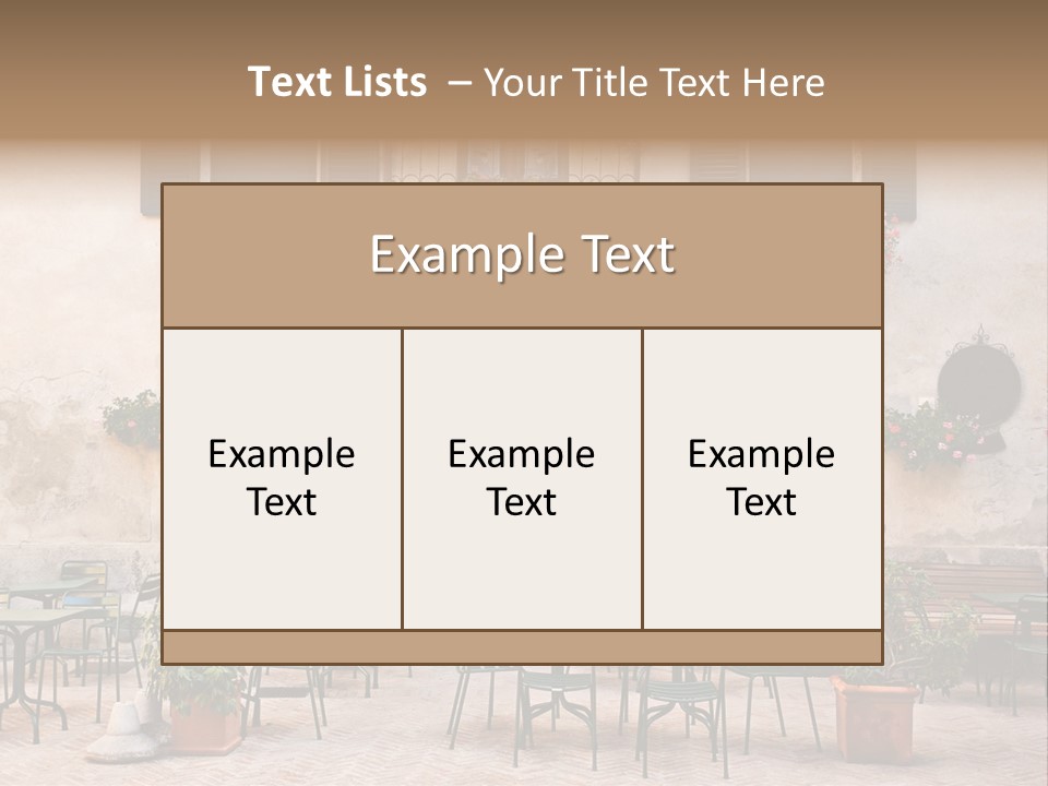 A Building With Tables And Chairs Outside Of It PowerPoint Template