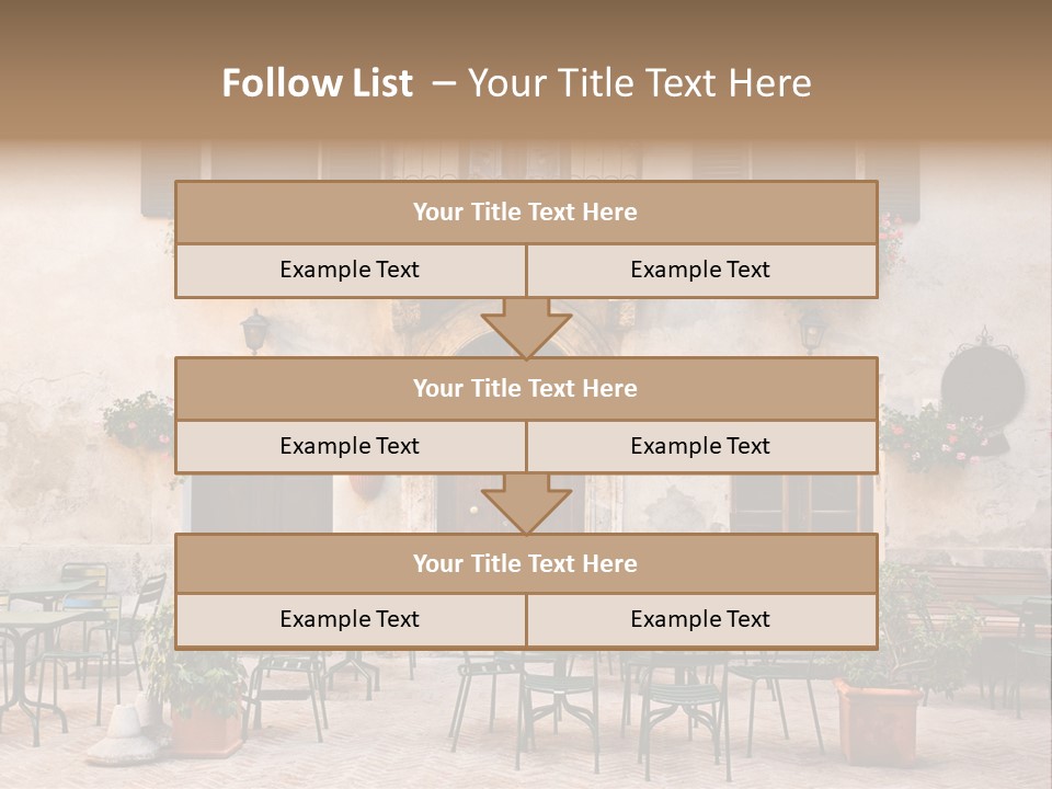 A Building With Tables And Chairs Outside Of It PowerPoint Template