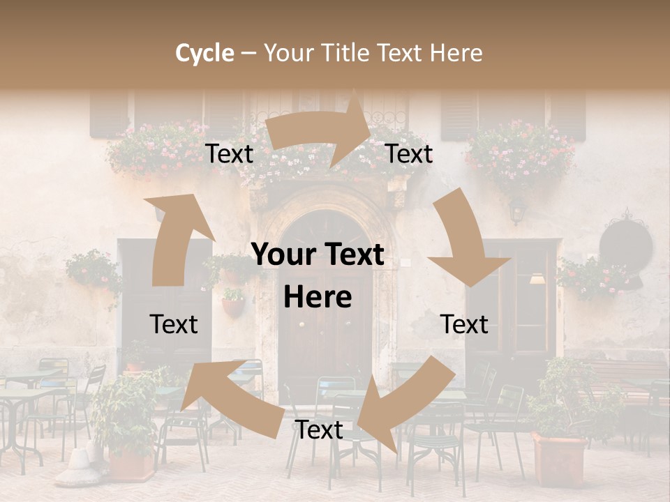 A Building With Tables And Chairs Outside Of It PowerPoint Template