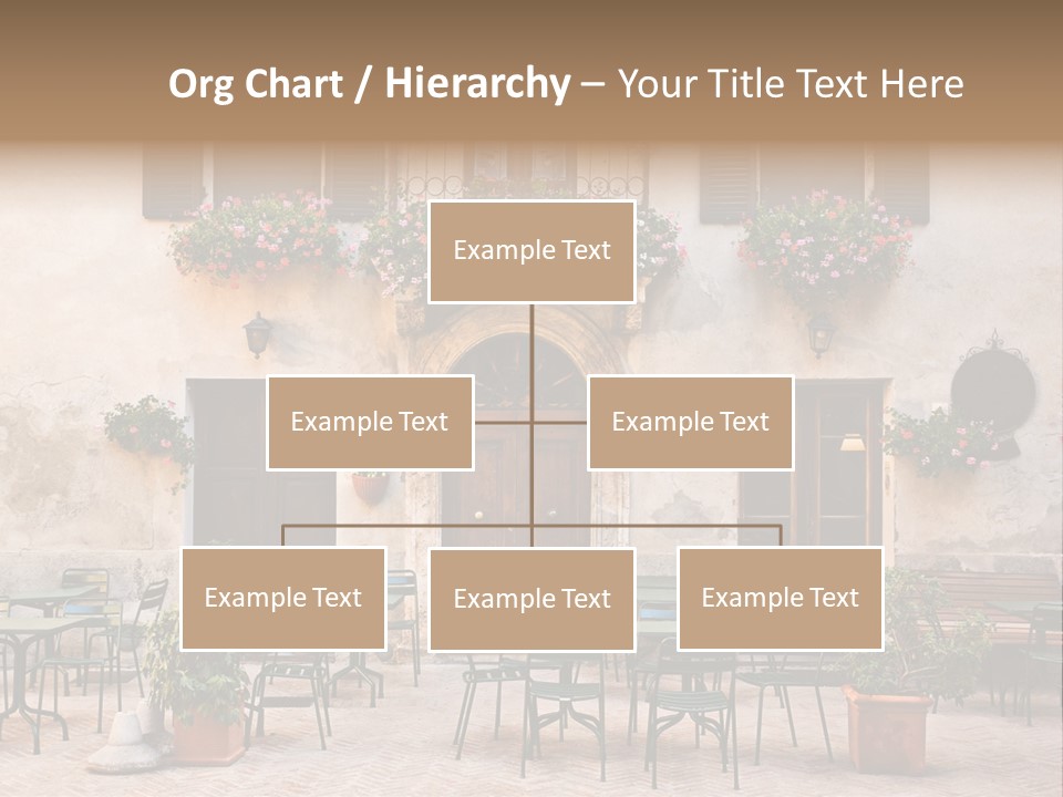 A Building With Tables And Chairs Outside Of It PowerPoint Template