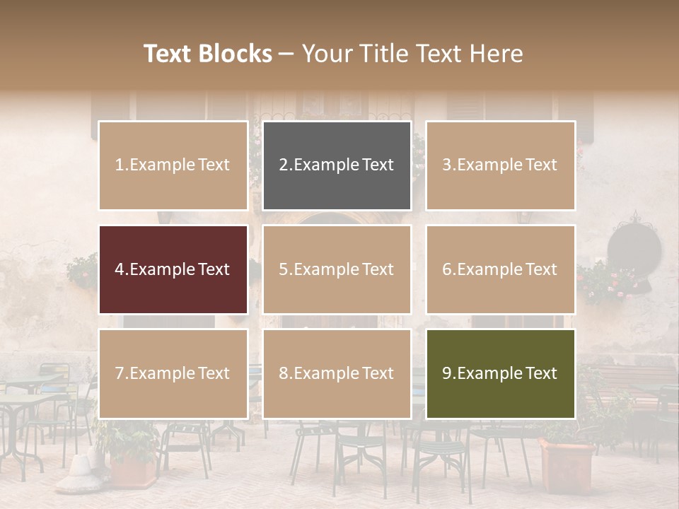A Building With Tables And Chairs Outside Of It PowerPoint Template