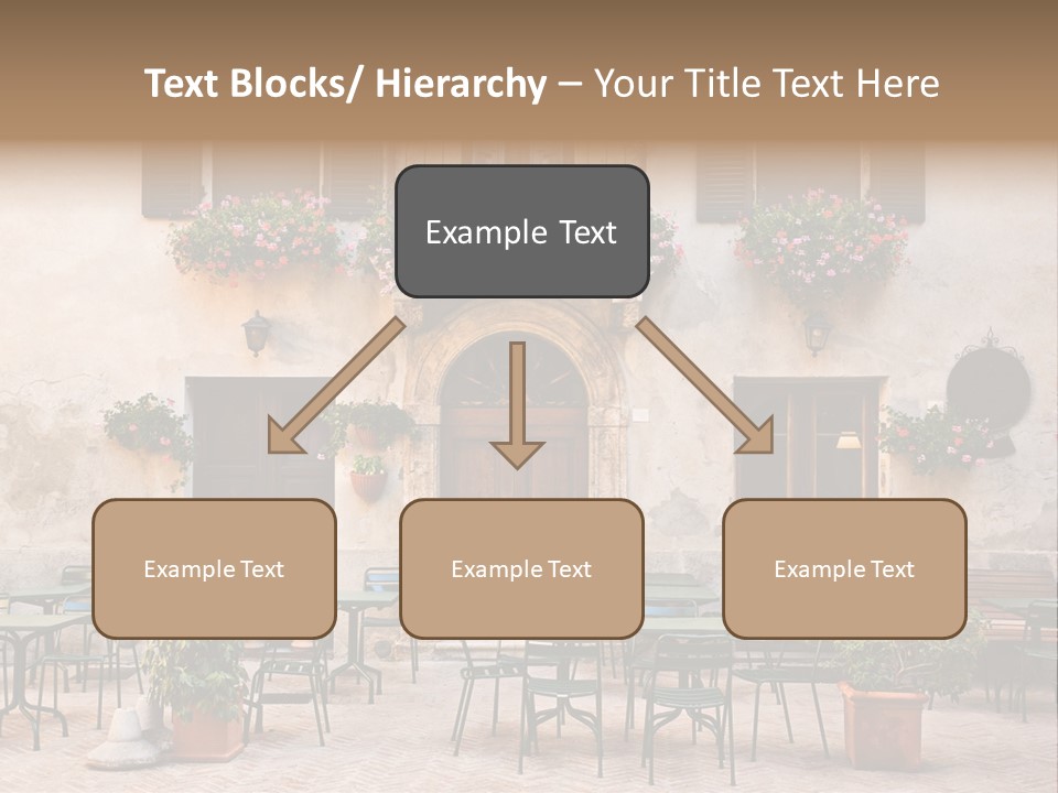 A Building With Tables And Chairs Outside Of It PowerPoint Template