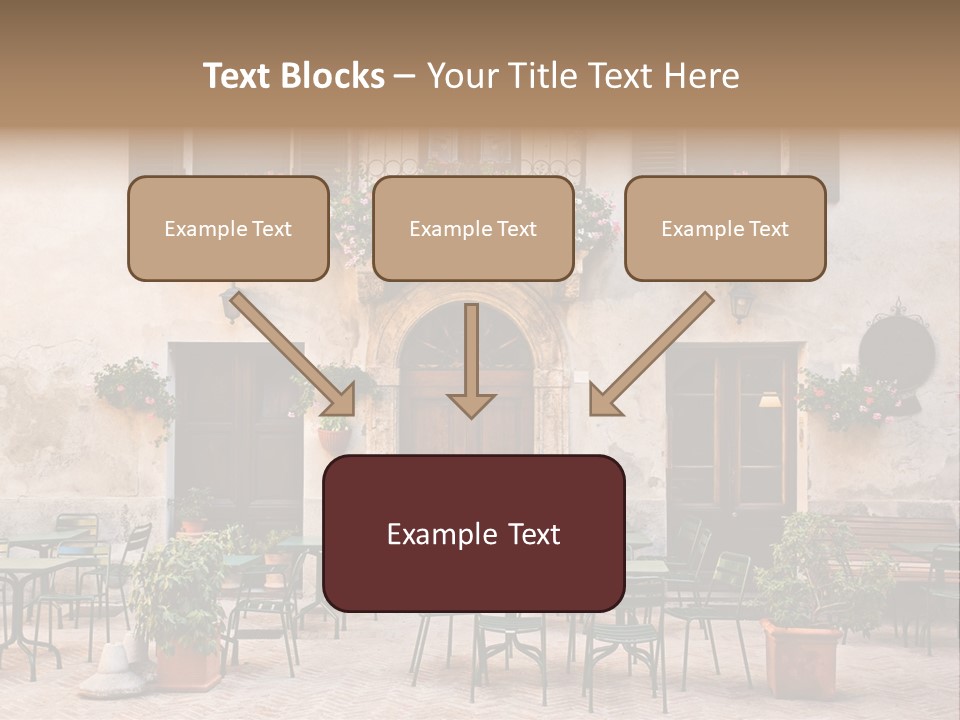 A Building With Tables And Chairs Outside Of It PowerPoint Template