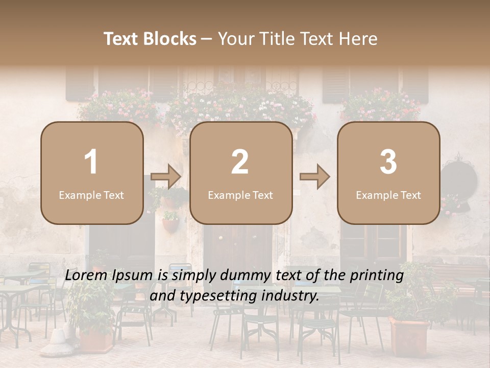 A Building With Tables And Chairs Outside Of It PowerPoint Template