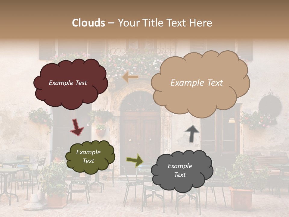 A Building With Tables And Chairs Outside Of It PowerPoint Template
