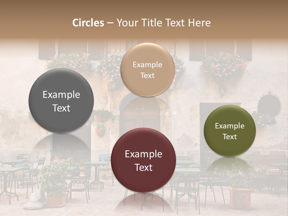 A Building With Tables And Chairs Outside Of It PowerPoint Template