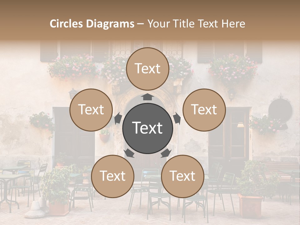 A Building With Tables And Chairs Outside Of It PowerPoint Template