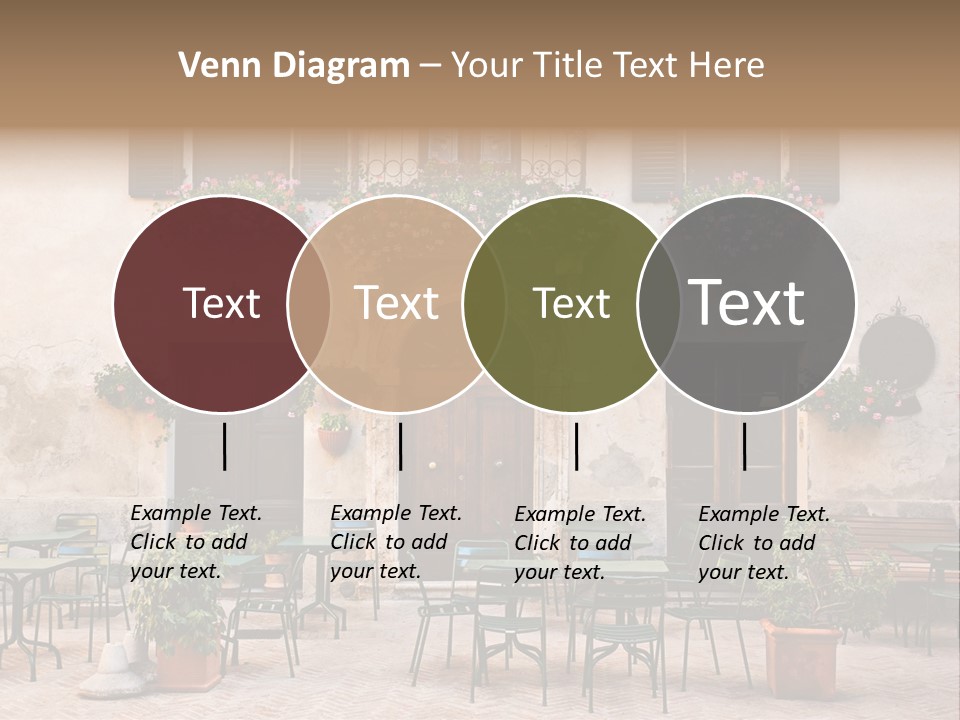 A Building With Tables And Chairs Outside Of It PowerPoint Template