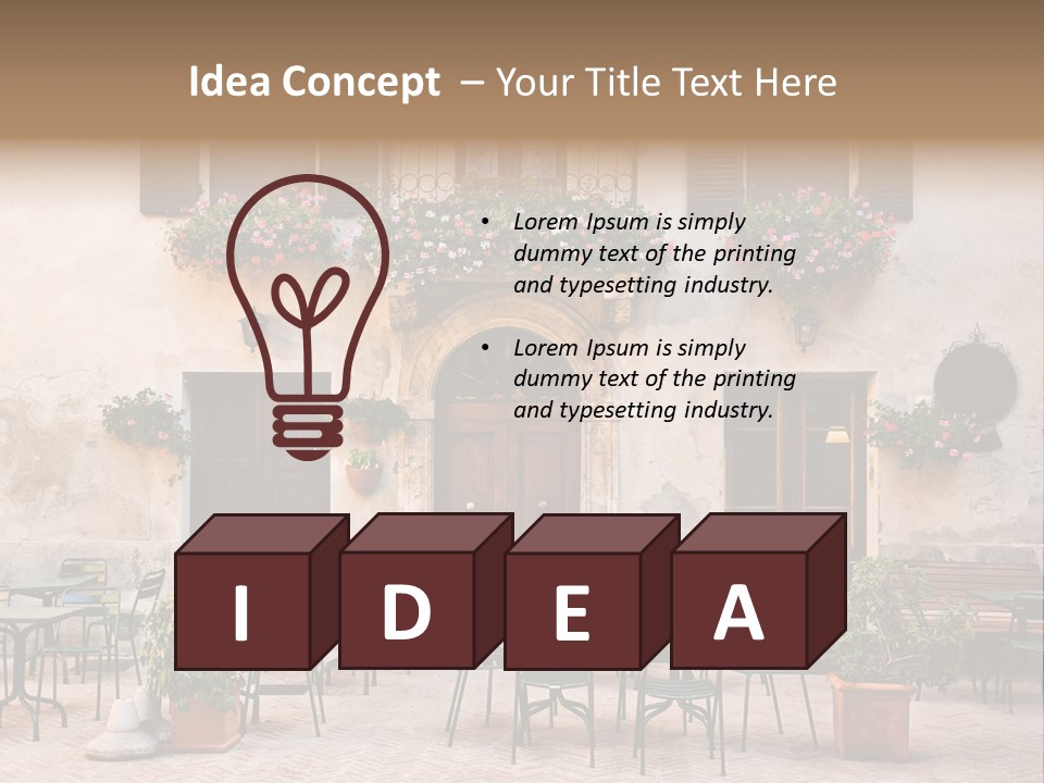 A Building With Tables And Chairs Outside Of It PowerPoint Template