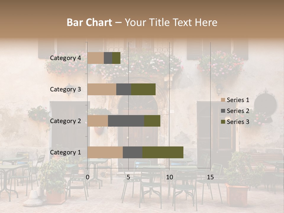 A Building With Tables And Chairs Outside Of It PowerPoint Template