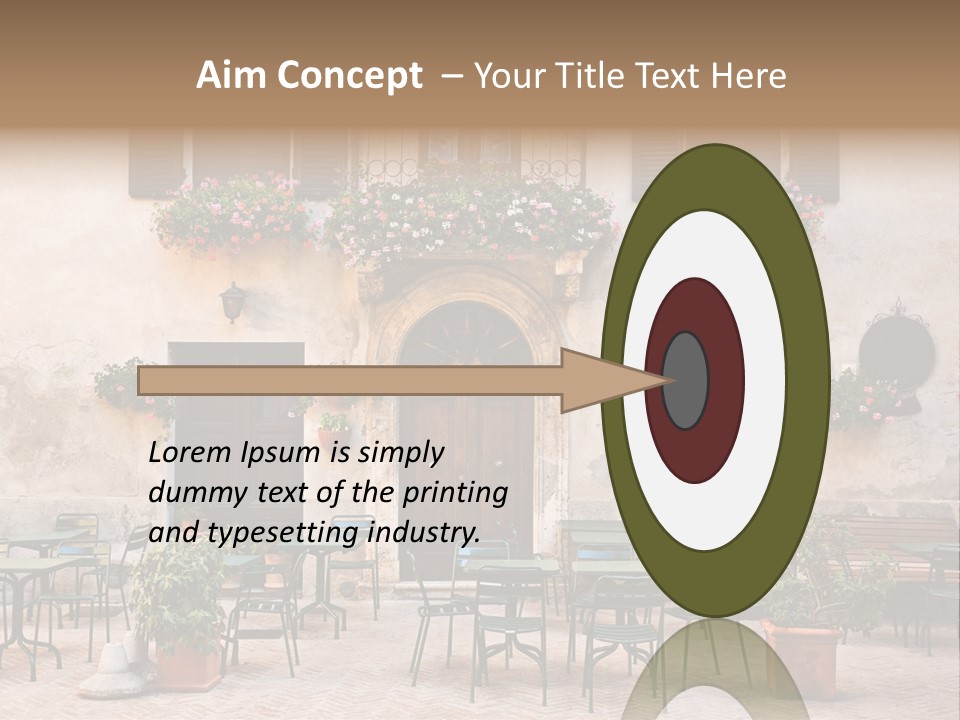 A Building With Tables And Chairs Outside Of It PowerPoint Template