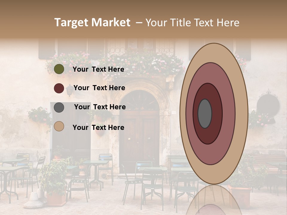 A Building With Tables And Chairs Outside Of It PowerPoint Template