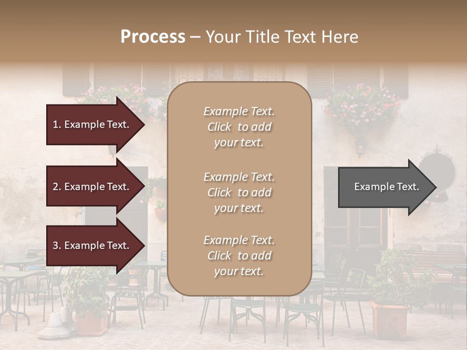 A Building With Tables And Chairs Outside Of It PowerPoint Template