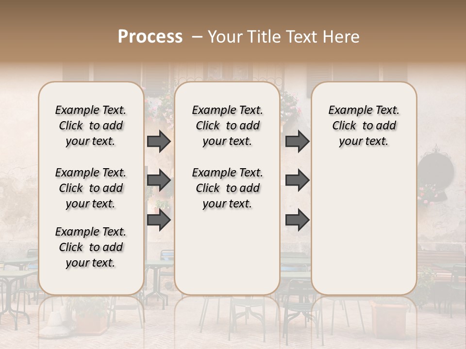 A Building With Tables And Chairs Outside Of It PowerPoint Template