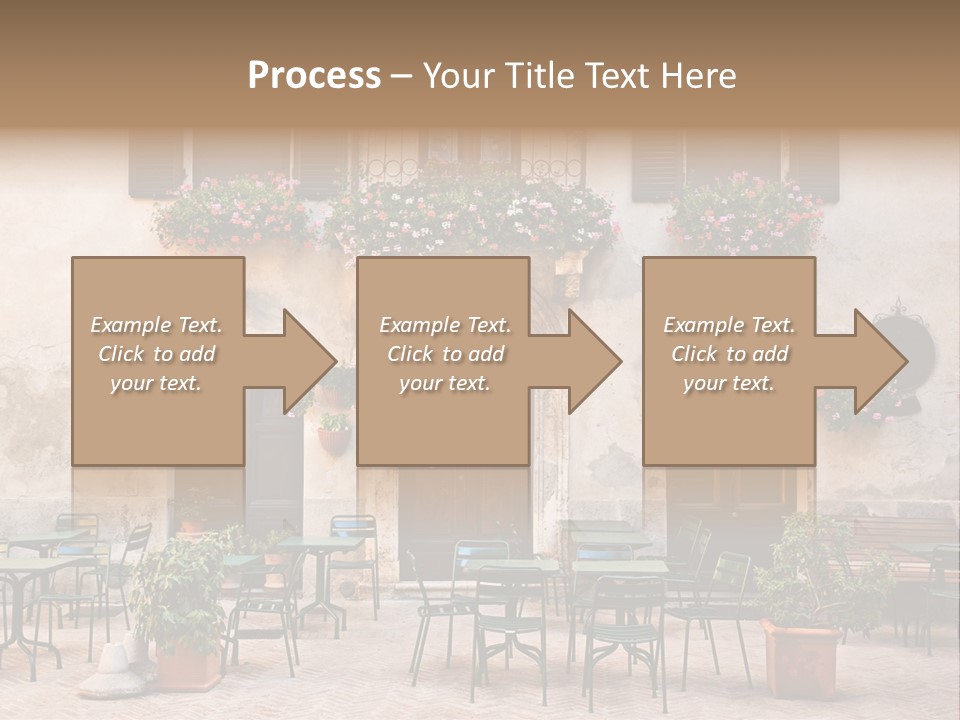 A Building With Tables And Chairs Outside Of It PowerPoint Template