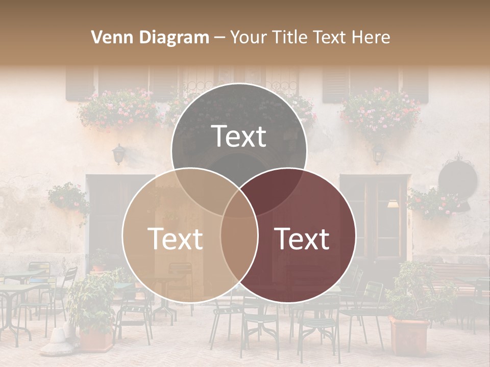 A Building With Tables And Chairs Outside Of It PowerPoint Template