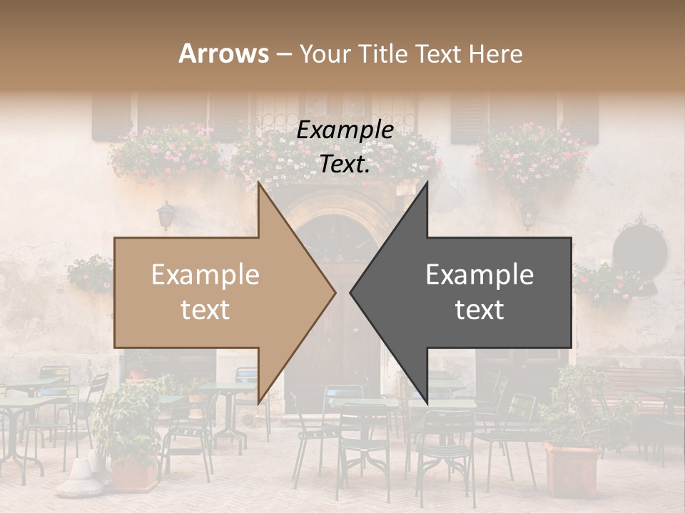 A Building With Tables And Chairs Outside Of It PowerPoint Template