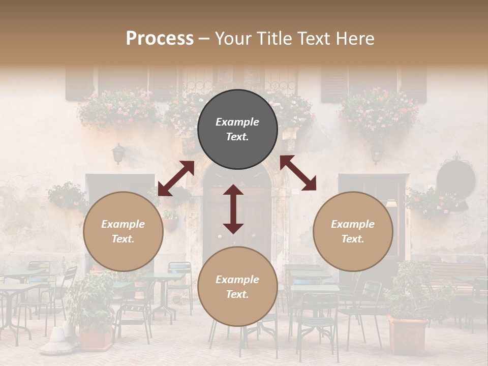 A Building With Tables And Chairs Outside Of It PowerPoint Template