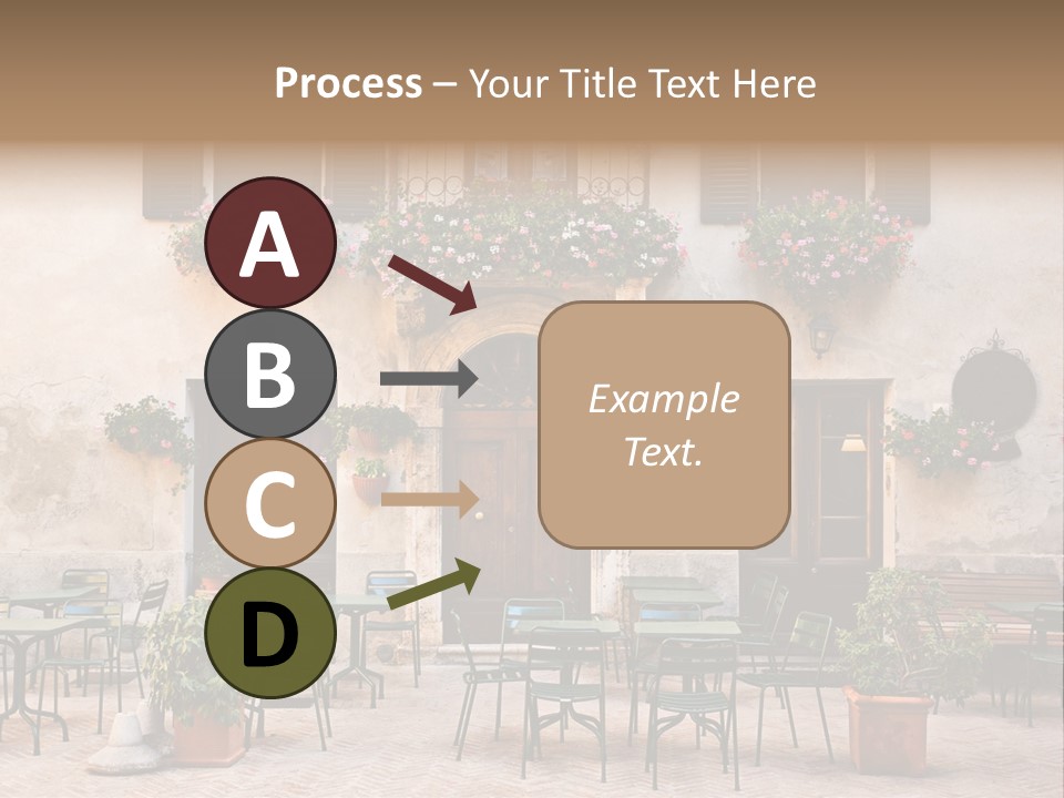 A Building With Tables And Chairs Outside Of It PowerPoint Template