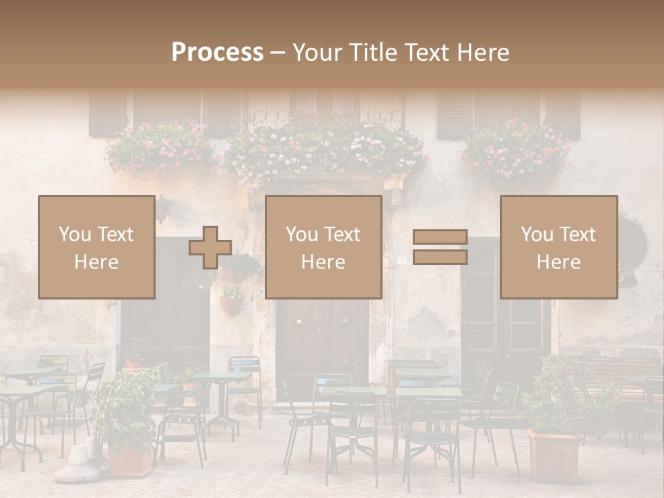 A Building With Tables And Chairs Outside Of It PowerPoint Template