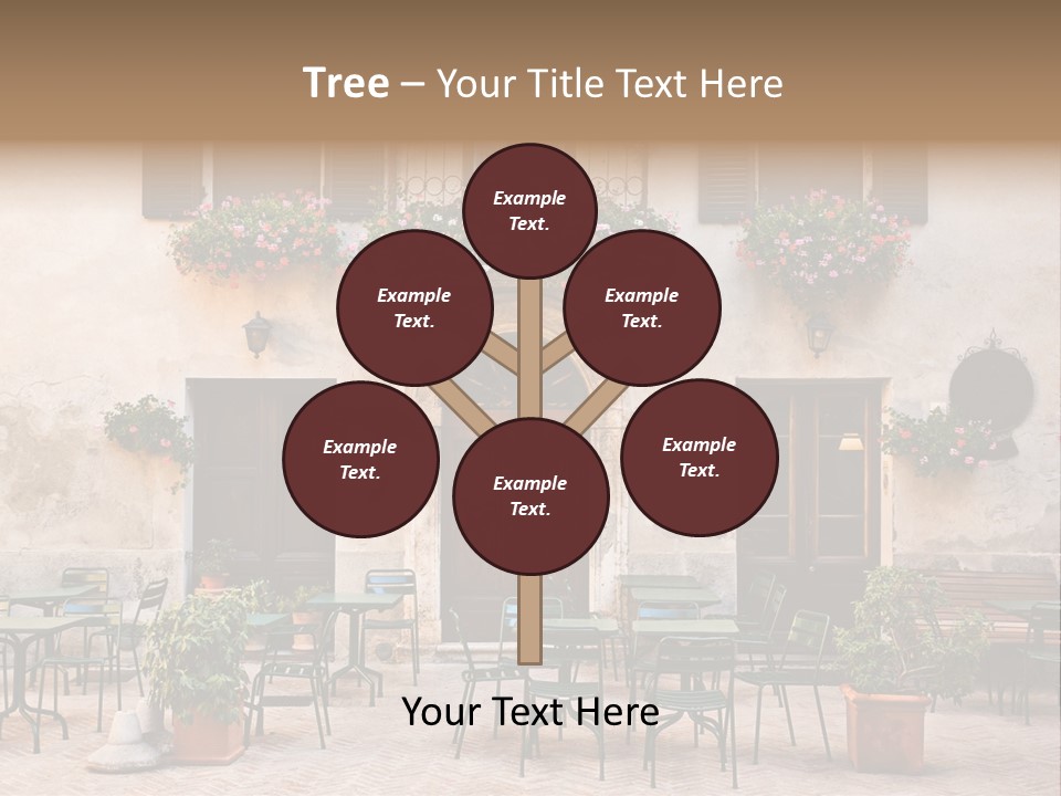A Building With Tables And Chairs Outside Of It PowerPoint Template