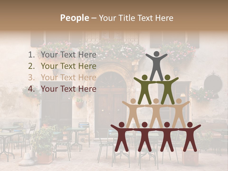 A Building With Tables And Chairs Outside Of It PowerPoint Template