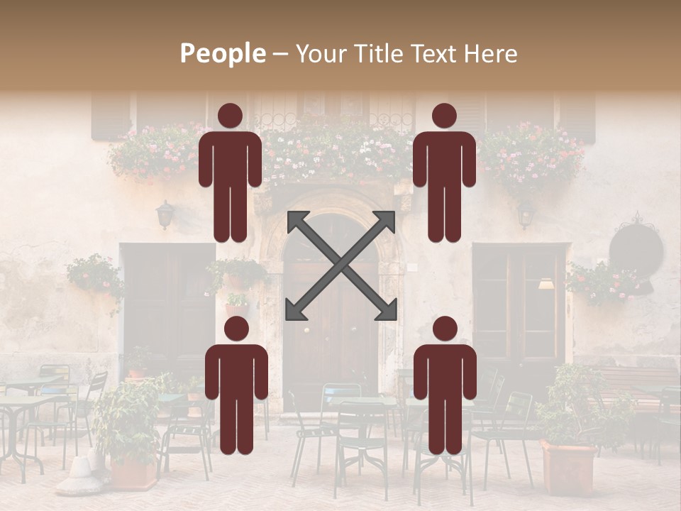 A Building With Tables And Chairs Outside Of It PowerPoint Template