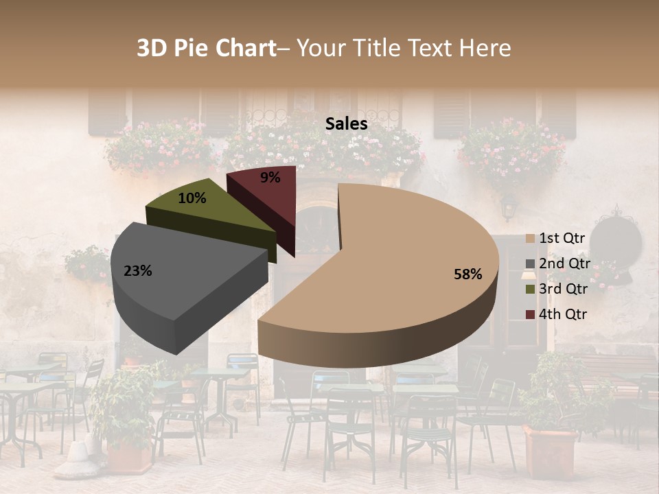 A Building With Tables And Chairs Outside Of It PowerPoint Template