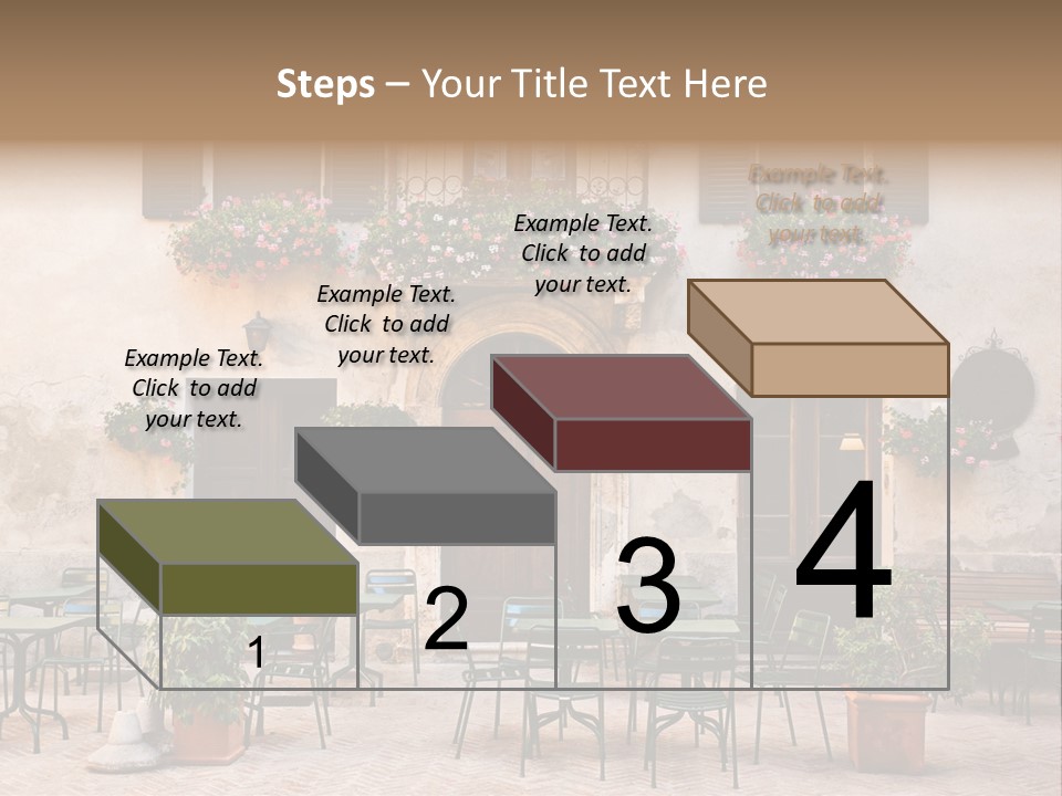 A Building With Tables And Chairs Outside Of It PowerPoint Template