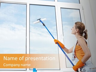 A Woman Cleaning Windows With A Mop PowerPoint Template