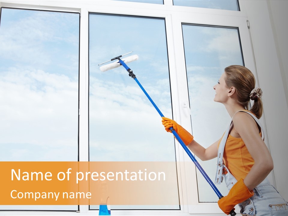 A Woman Cleaning Windows With A Mop PowerPoint Template