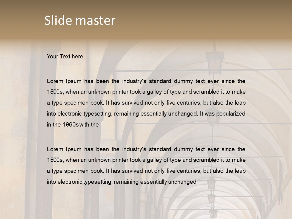 A Long Hallway With A Row Of Lamps Hanging From The Ceiling PowerPoint Template