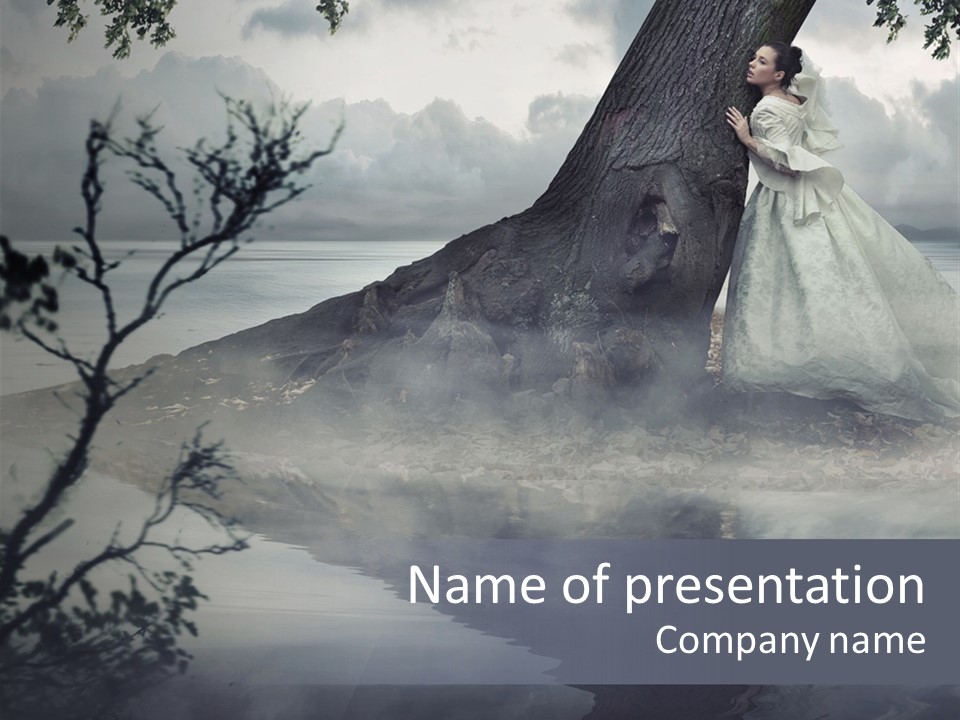 A Woman In A White Dress Standing Next To A Tree PowerPoint Template