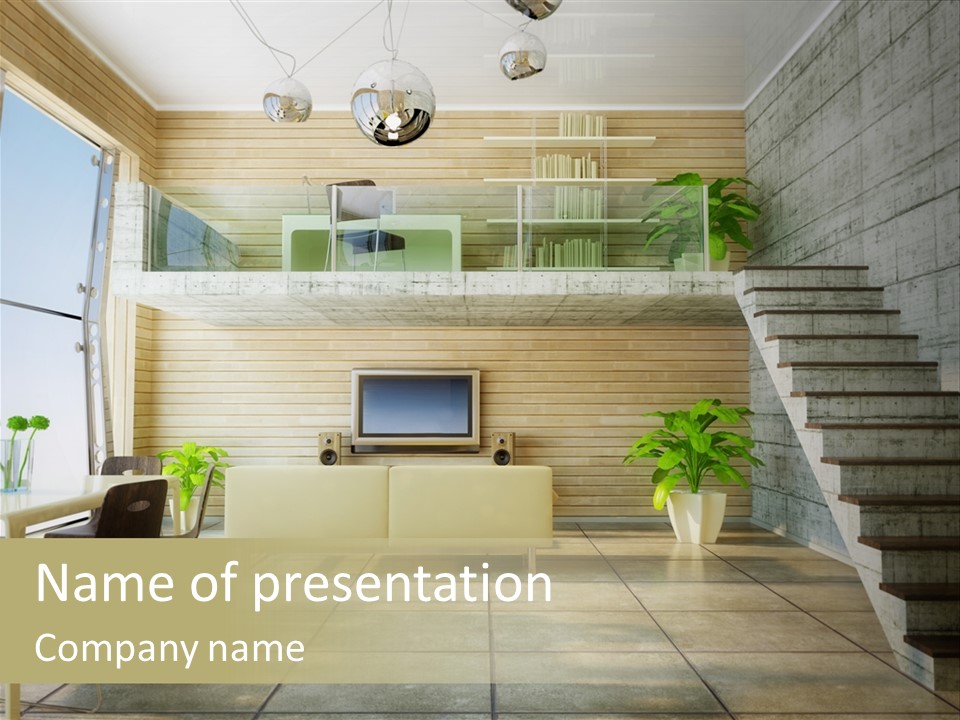 A Living Room With Stairs And A Television PowerPoint Template