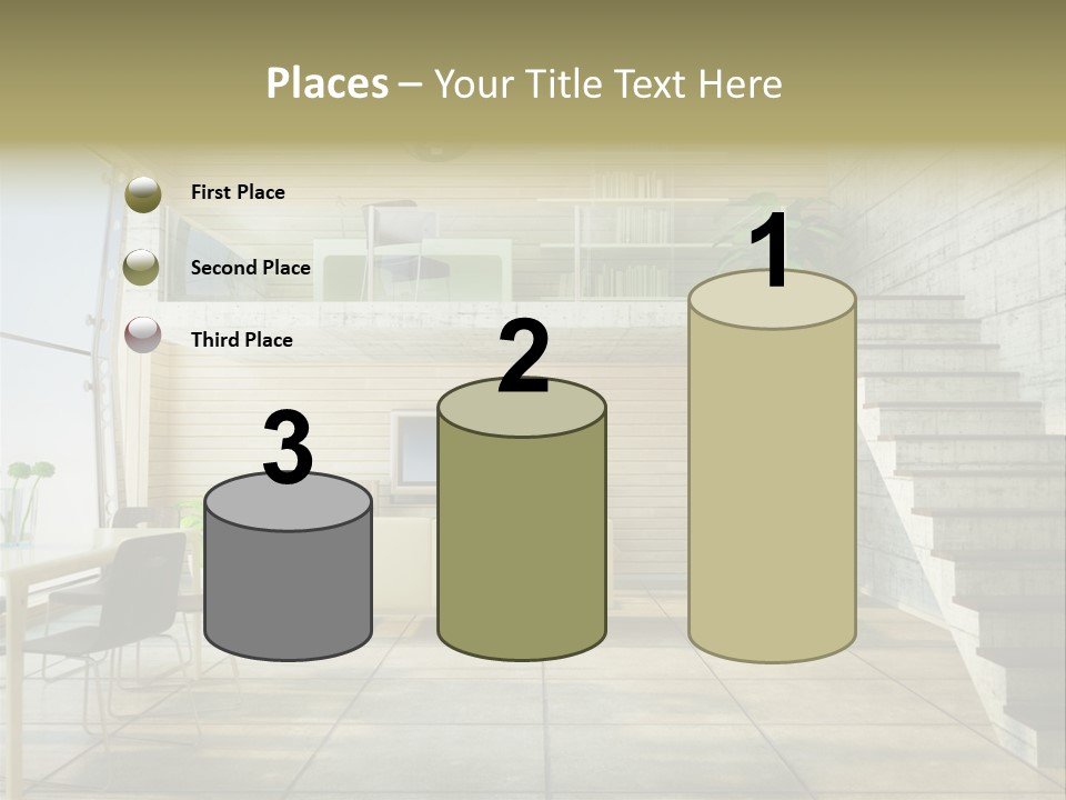 A Living Room With Stairs And A Television PowerPoint Template