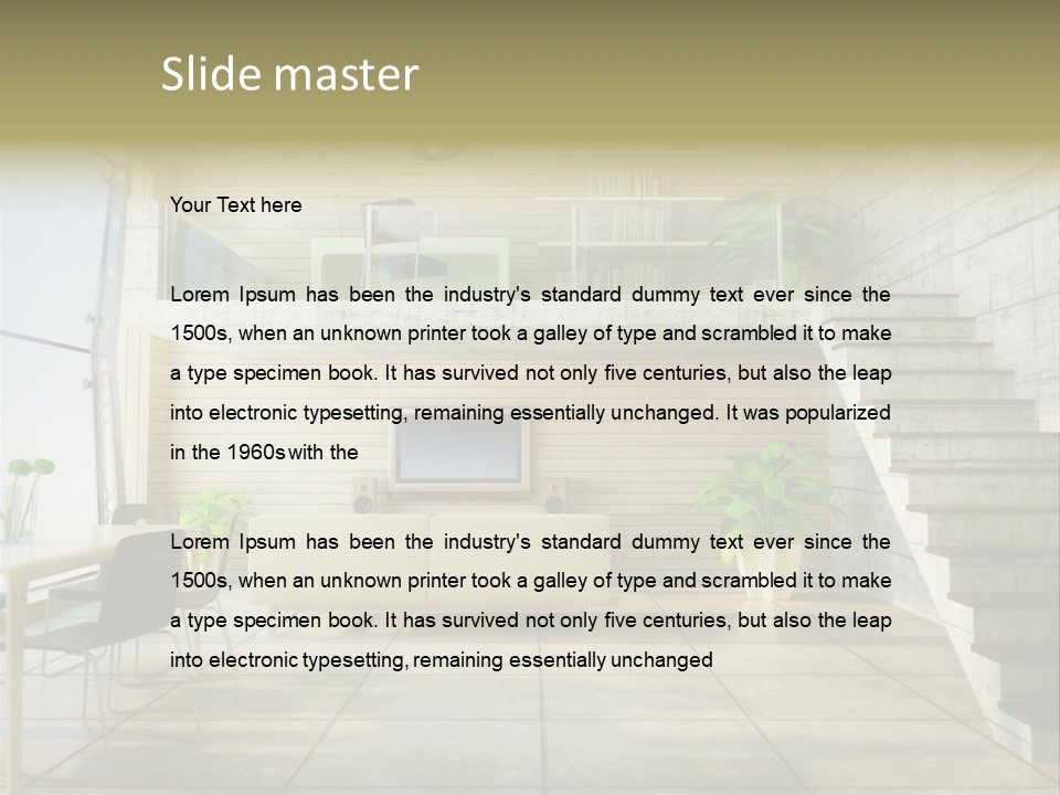 A Living Room With Stairs And A Television PowerPoint Template