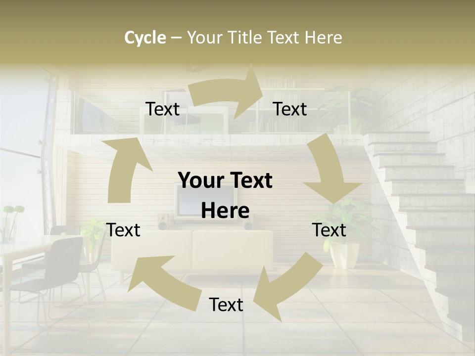 A Living Room With Stairs And A Television PowerPoint Template