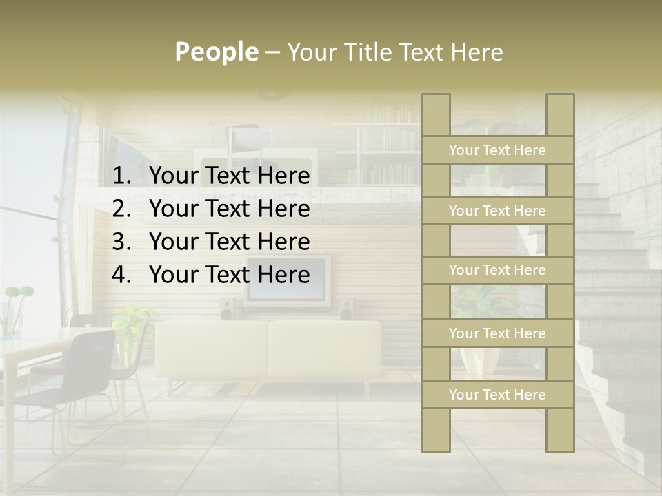 A Living Room With Stairs And A Television PowerPoint Template