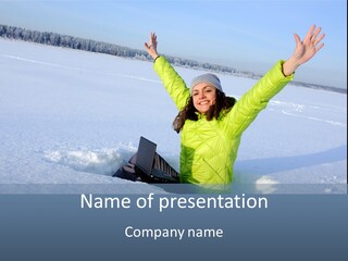 A Woman Sitting In The Snow With Her Arms Up PowerPoint Template
