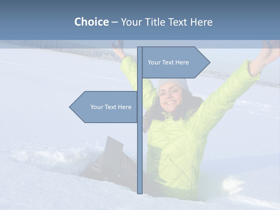 A Woman Sitting In The Snow With Her Arms Up PowerPoint Template