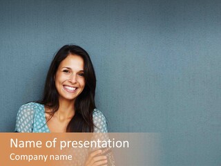 A Woman Smiling With Her Arms Crossed In Front Of A Blue Wall PowerPoint Template