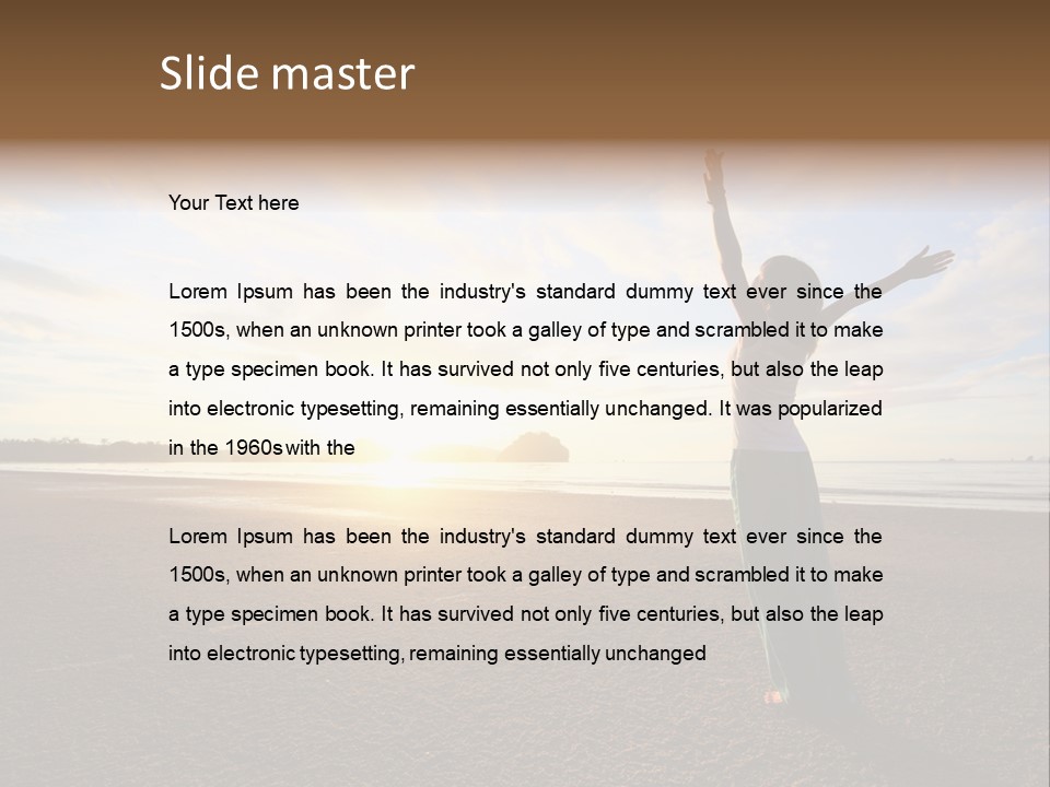 A Woman Standing On A Beach With Her Arms In The Air PowerPoint Template