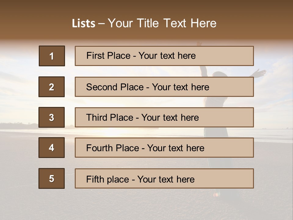 A Woman Standing On A Beach With Her Arms In The Air PowerPoint Template
