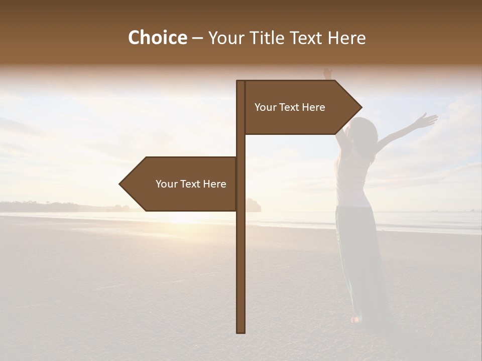 A Woman Standing On A Beach With Her Arms In The Air PowerPoint Template